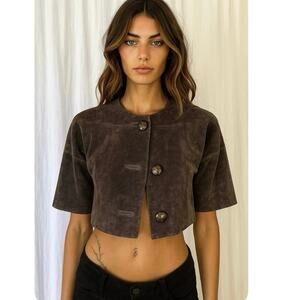 Vintage Y2K Brown Suede Cropped Jacket French Girl 90s Minimalist Chic Size 4